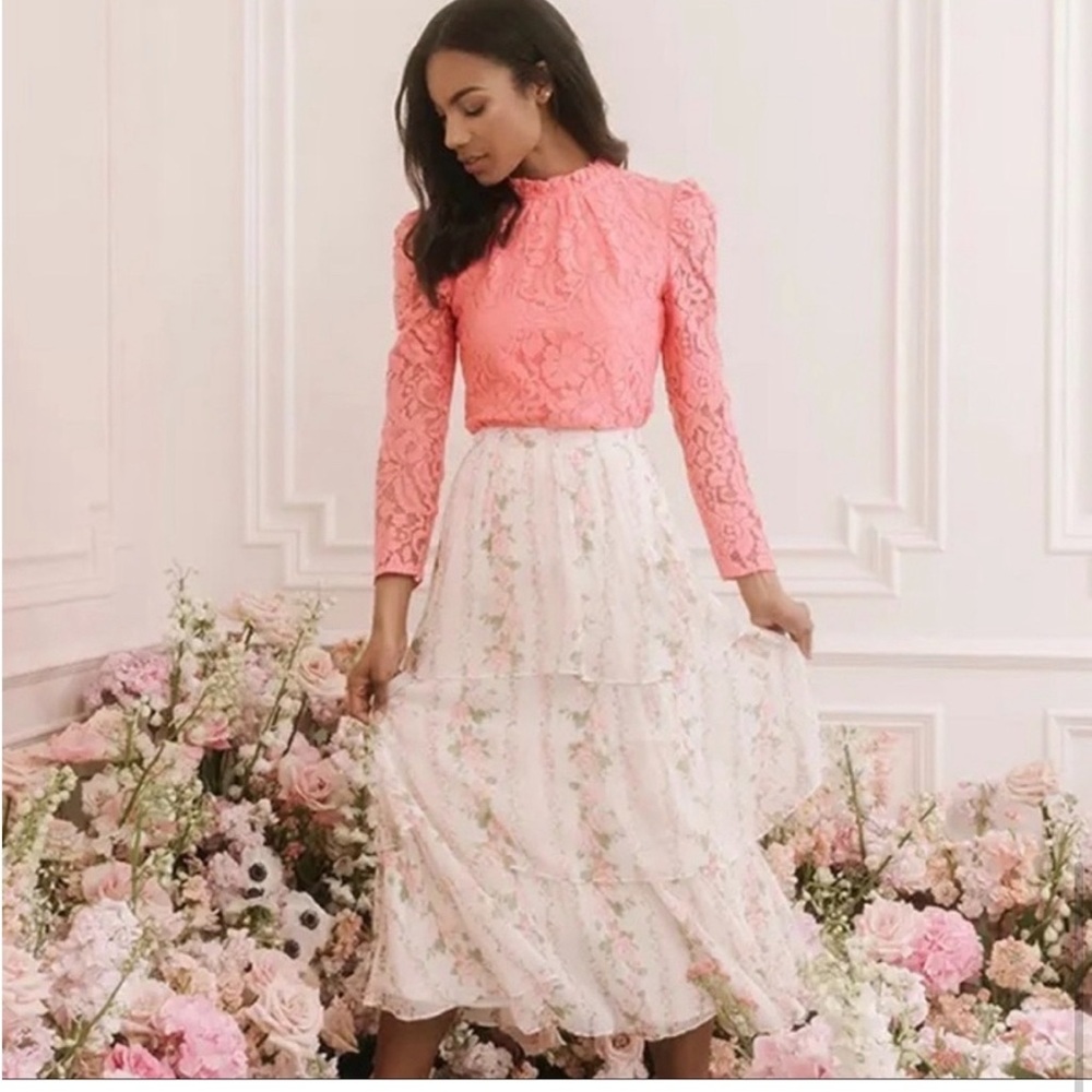 Rachel Parcell Pink and White Floral Midi Skirt